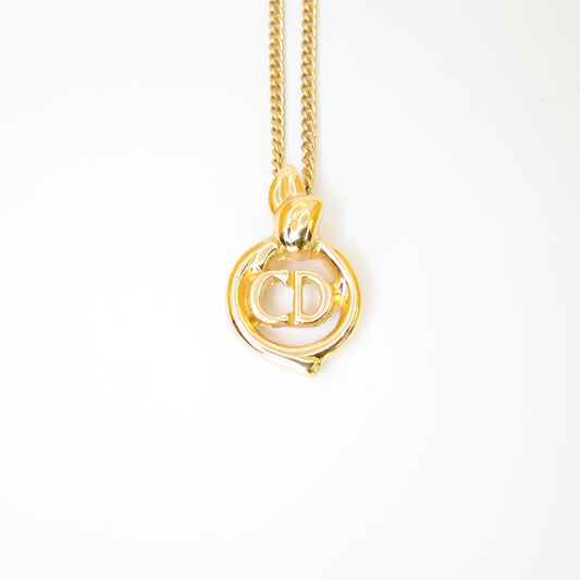 Christian Dior Vintage CD Logo in Circle with Leaves Golden Necklace
