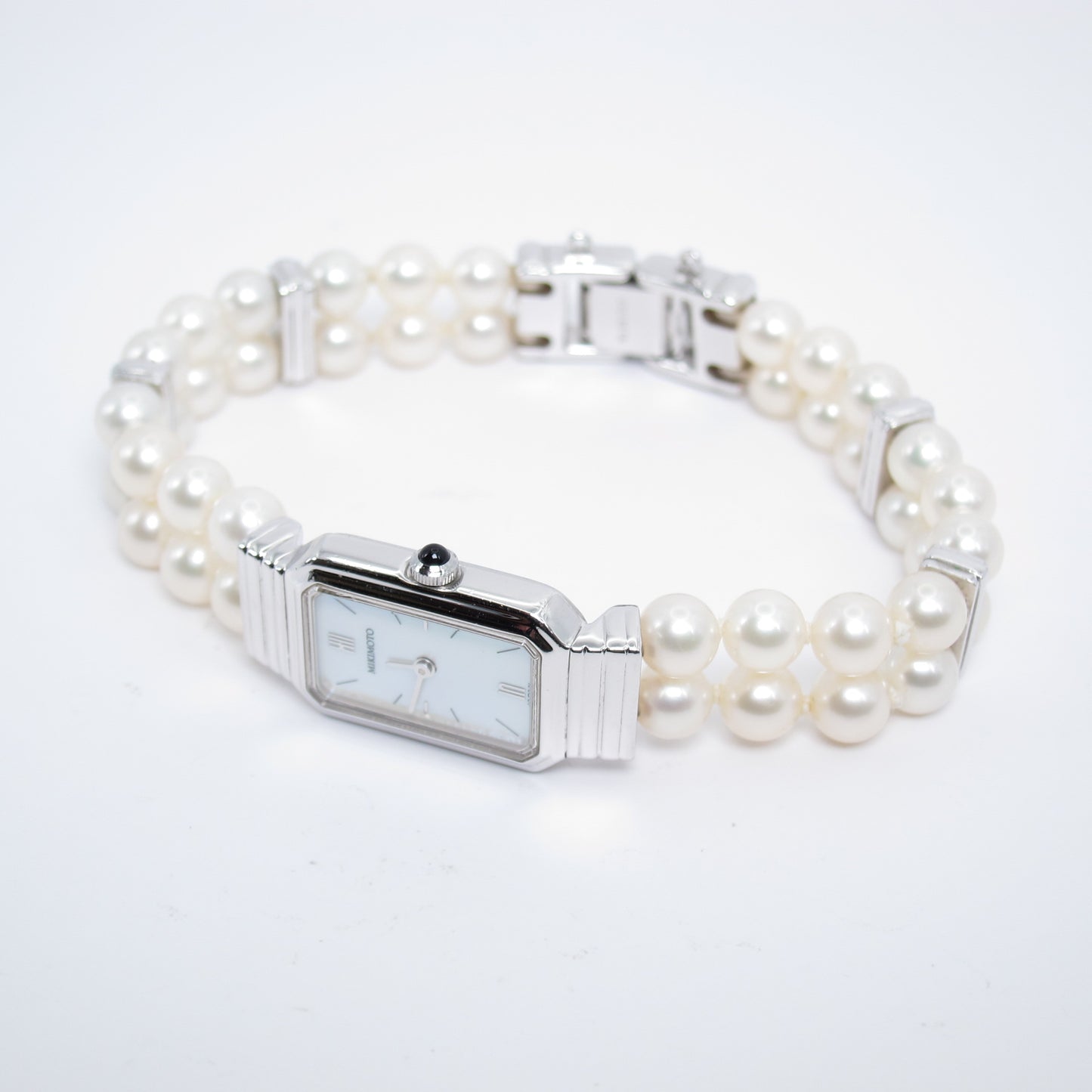 Mikimoto Vintage Rectangle Shell Pearl Face Silver Watch with Pearl Bracelet