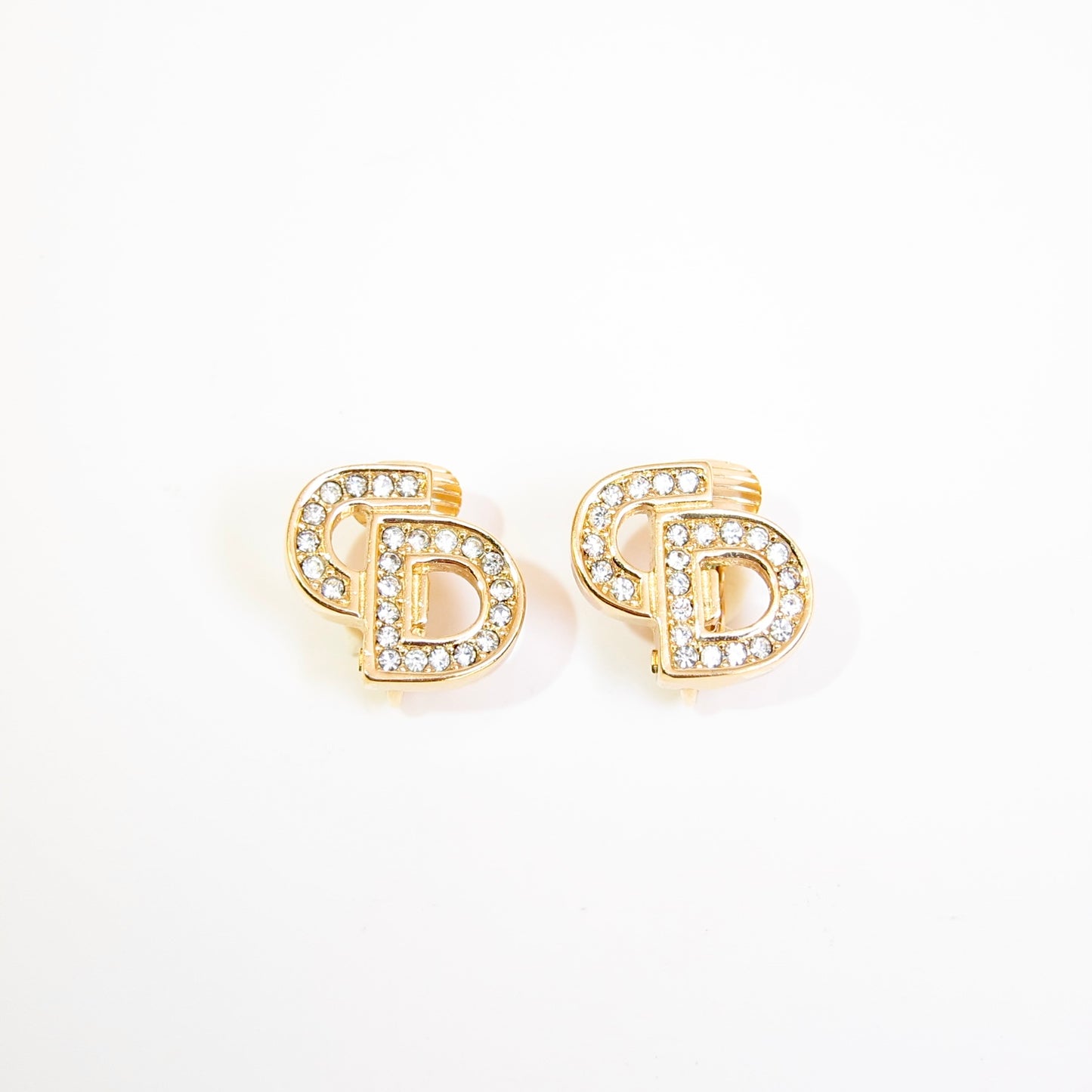 Christian Dior Vintage CD Logo with Rhinestone Golden Clip-on Earrings