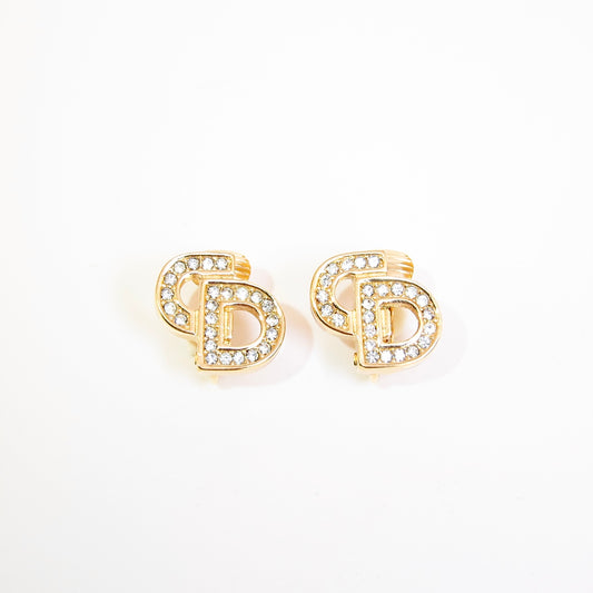 Christian Dior Vintage CD Logo with Rhinestone Golden Clip-on Earrings