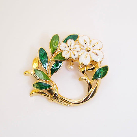 Mikimoto Vintage Enamel White Flower and Green Leaf Pearl Golden Brooch