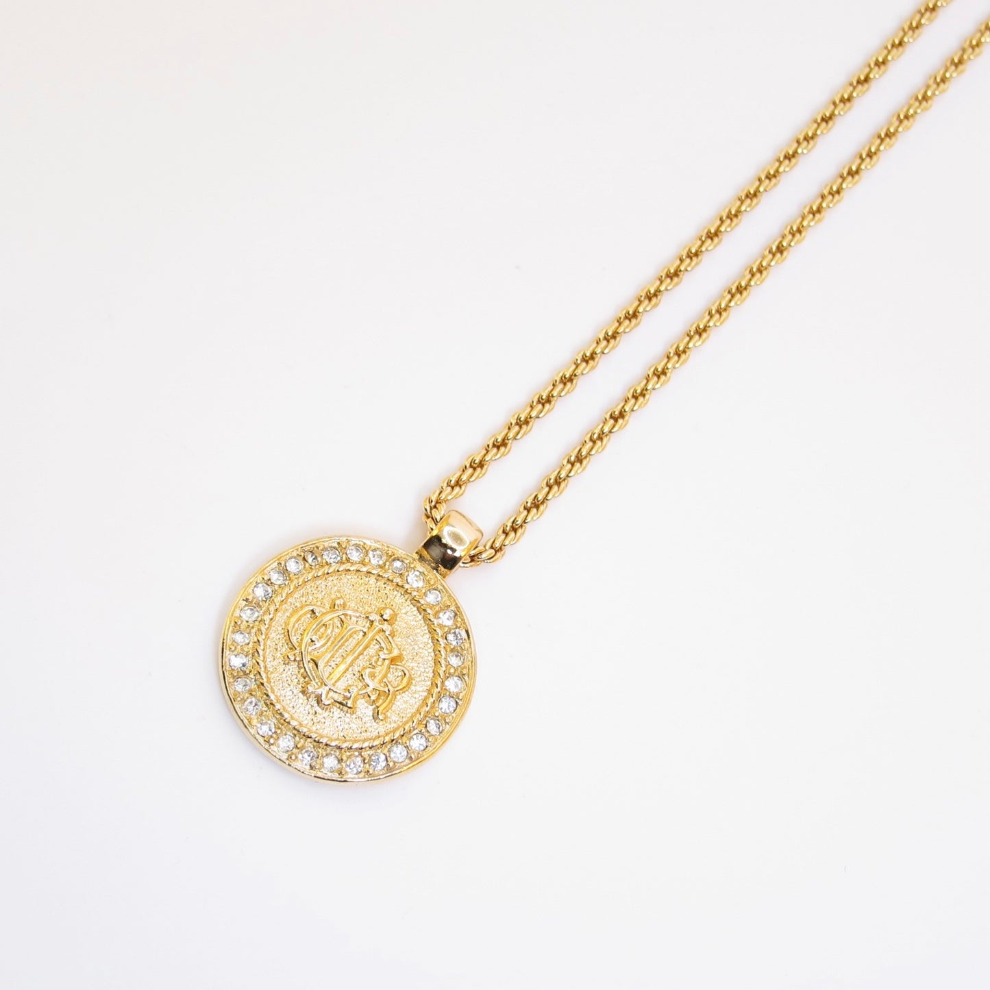 Christian Dior Vintage Dior Logo on Round Shaped with Rhinestone Golden Necklaces