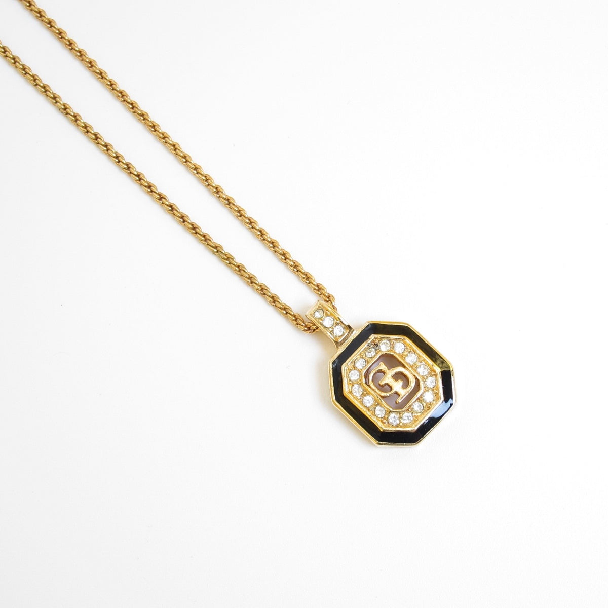 Christian Dior Vintage Octagon Black Enamel Rhinestone CD Logo Gold-Tone Necklace, 43cm