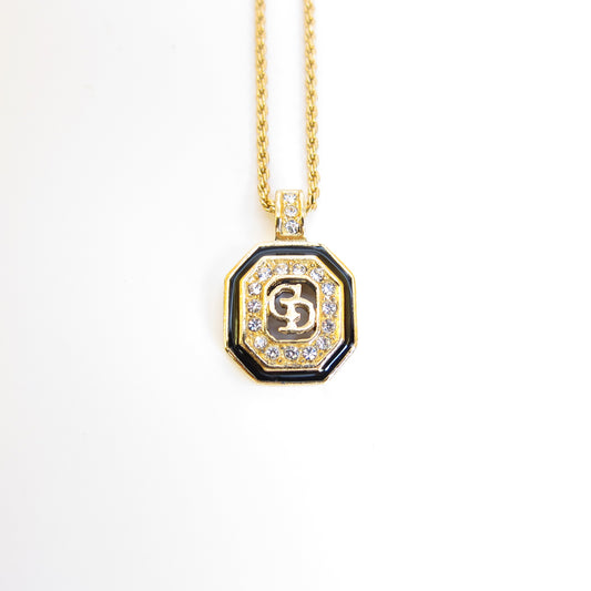 Christian Dior Vintage CD Logo in Octagon with Rhinestone Black and Golden Necklace