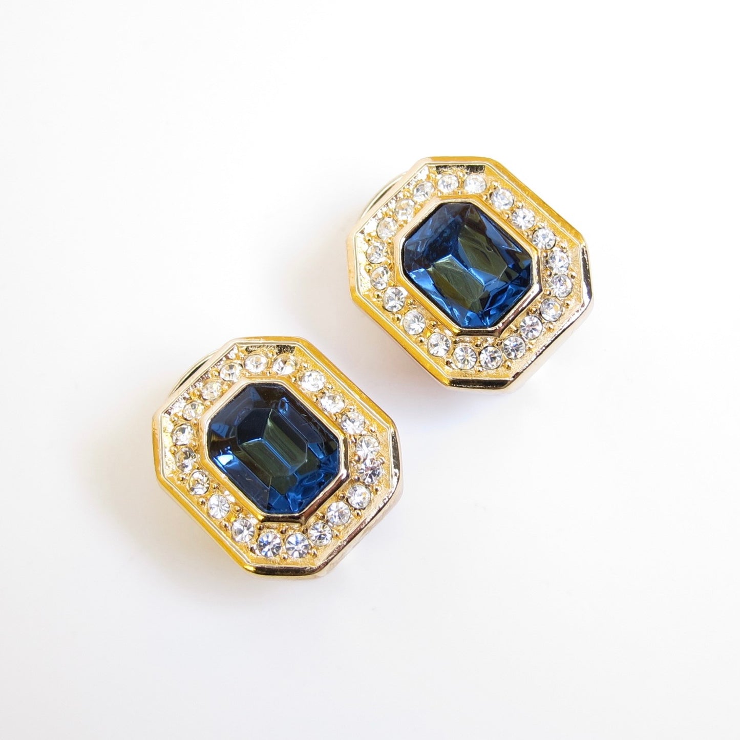 Christian Dior Vintage Octagon Blue and Rhinestone Golden Clip-on Earrings