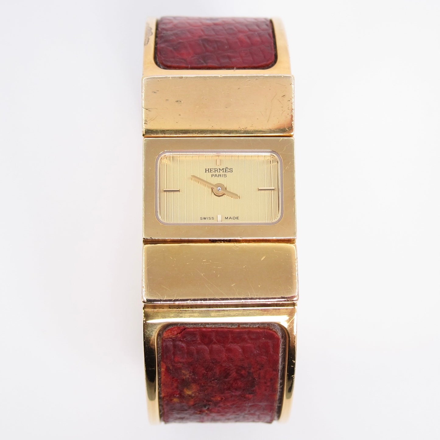 Hermes Vintage Loquet Red Crocodile Leather Golden Bangle Watch