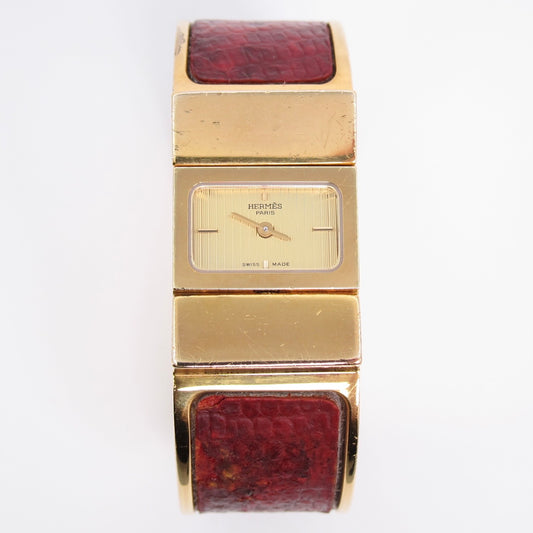 Hermes Vintage Loquet Red Crocodile Leather Golden Bangle Watch