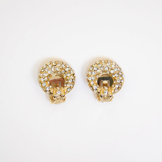 Yves Saint Laurent Vintage Circle with Rhinestone Golden Clip-on Earrings