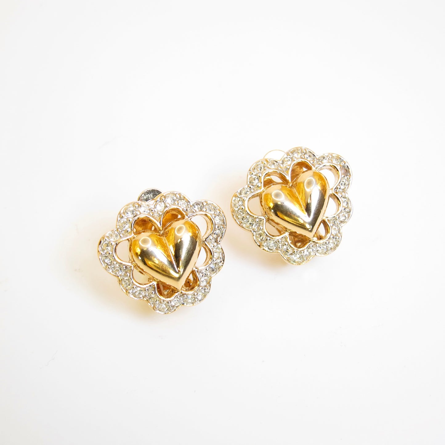 Nina Ricci Vintage Heart and Rhinestone Golden Clip-on Earrings