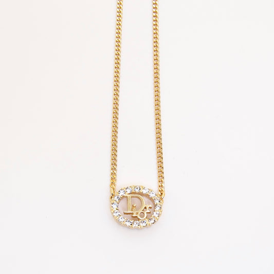 Christian Dior Vintage Dior Logo in Oval Shaped with Rhinestone Golden Necklace