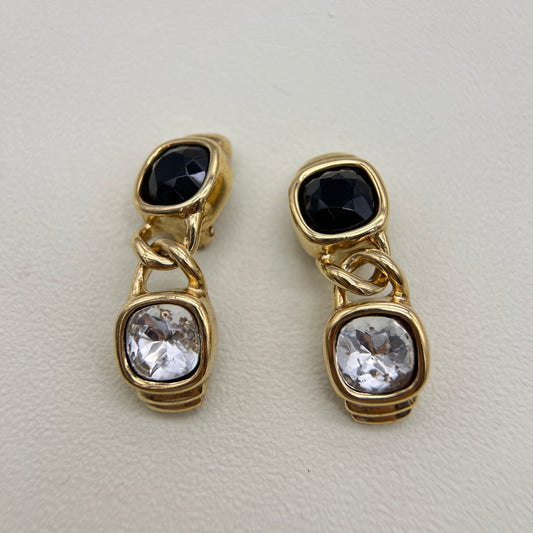 Givenchy Vintage Black and Transparent Stone Golden Clip-on Earrings