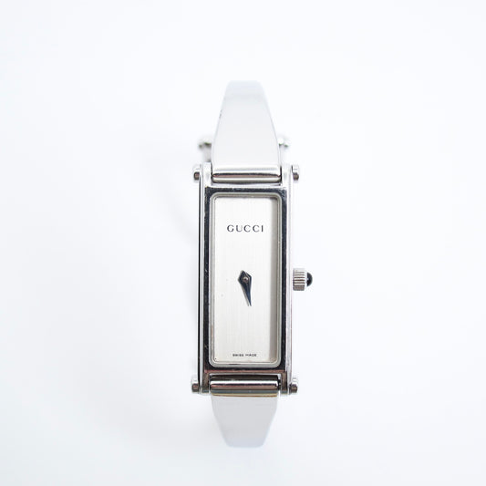 Gucci Vintage Rectangle White Face Silver Bangle Watch