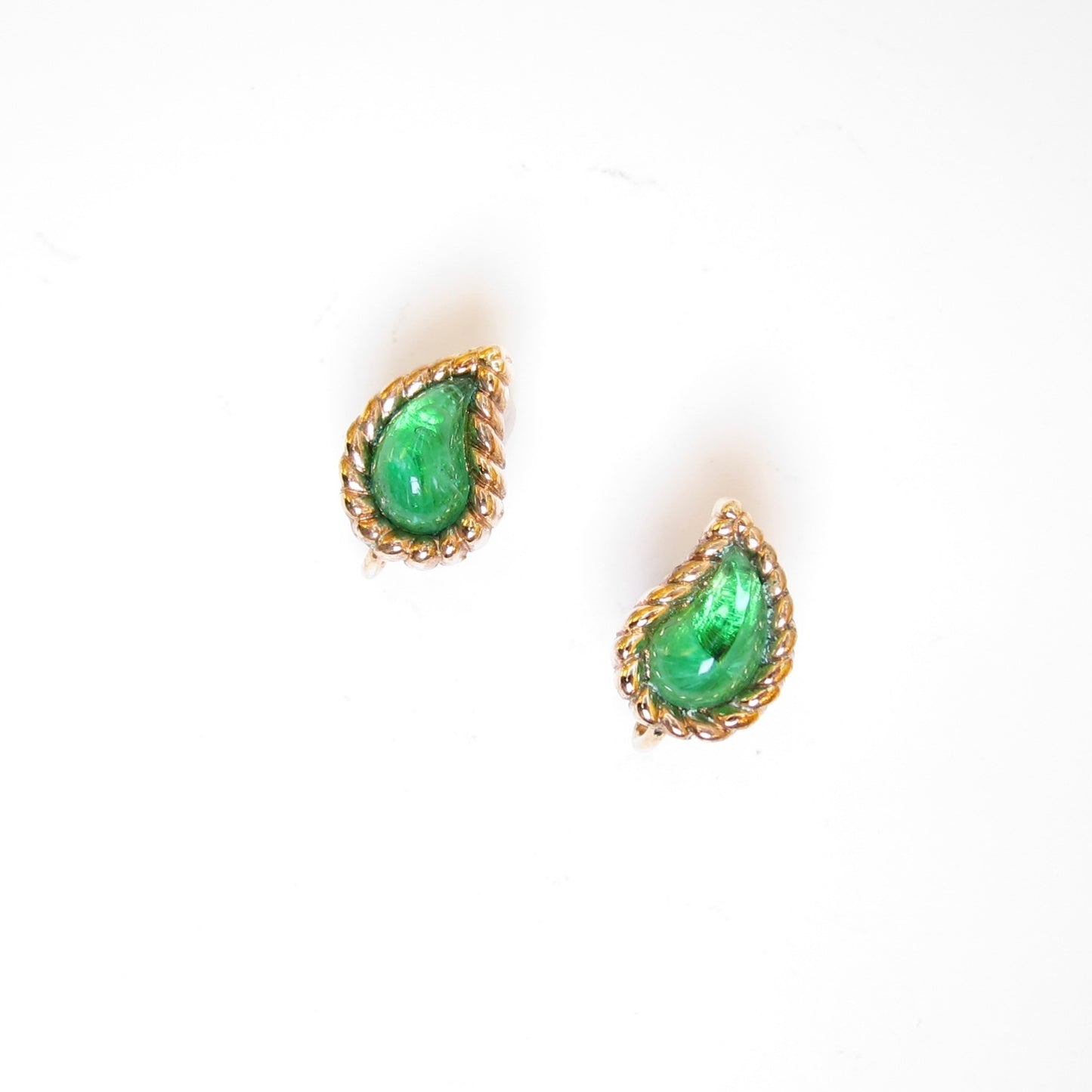 Christian Dior Vintage Pear Shaped Green Color Stone Golden Clip-on Earrings