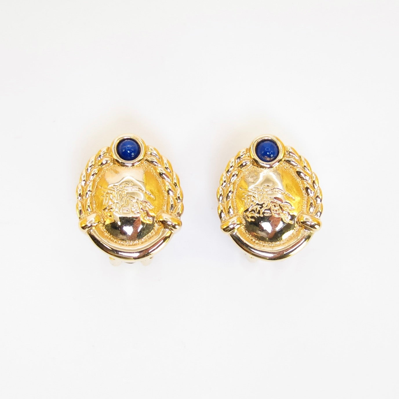 Burberry Vintage Equestrian Knight Logo and Blue Stone Golden Clip-on Earrings