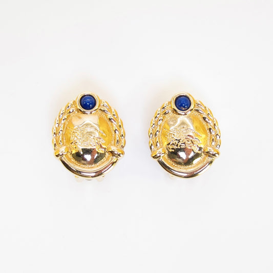 Burberry Vintage Equestrian Knight Logo and Blue Stone Golden Clip-on Earrings