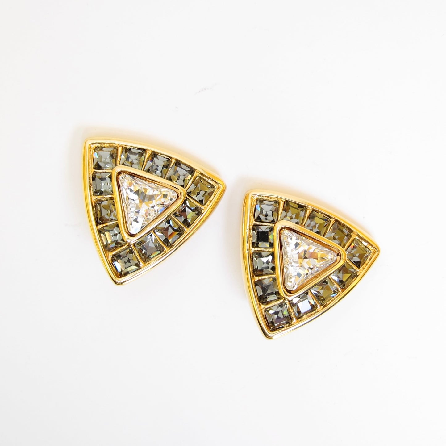 Yves Saint Laurent Vintage Triangle Two Tone Stone Golden Clip-on Earrings