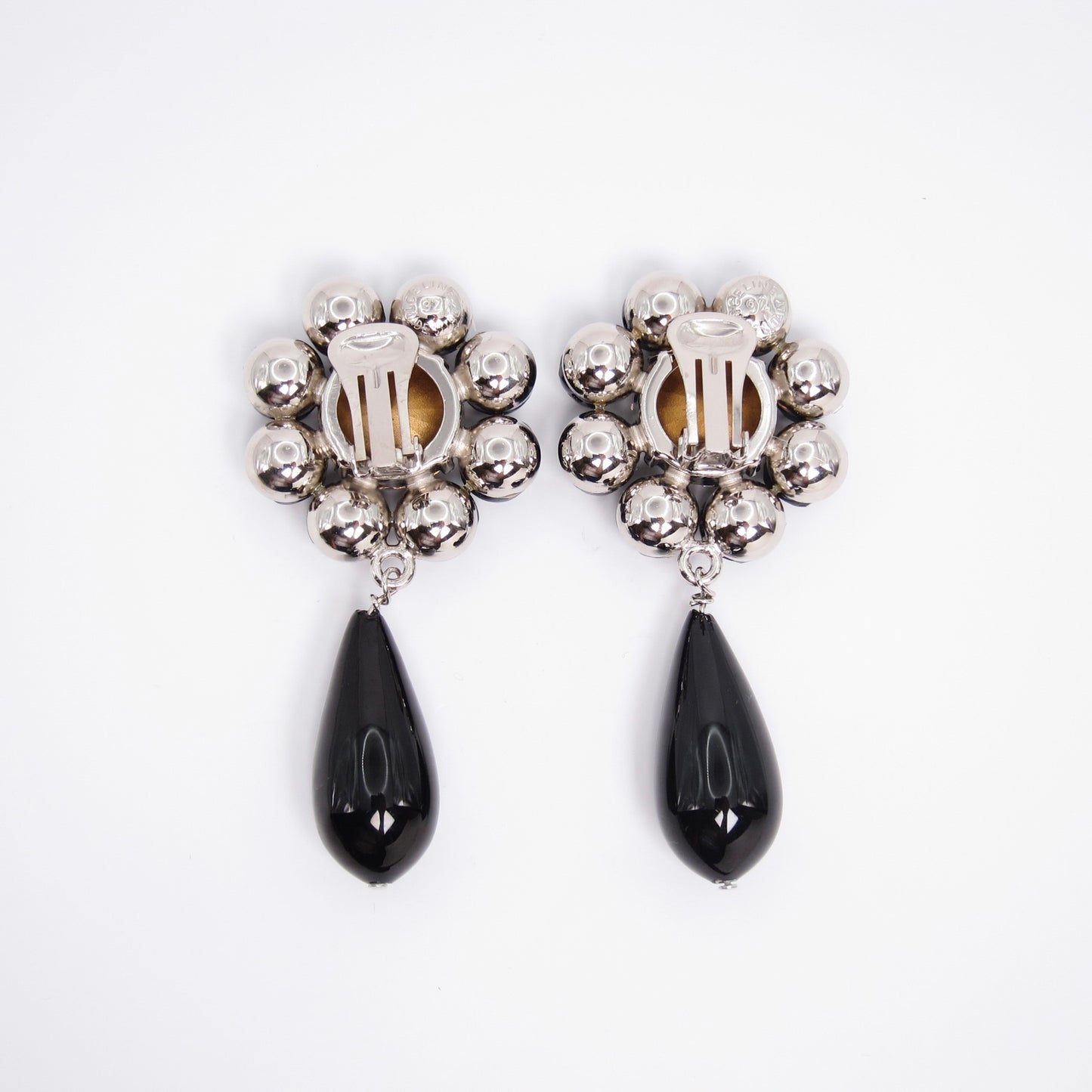 Celine Vintage Flower Motif Black Stone and Rhinestone Clip-on Earrings