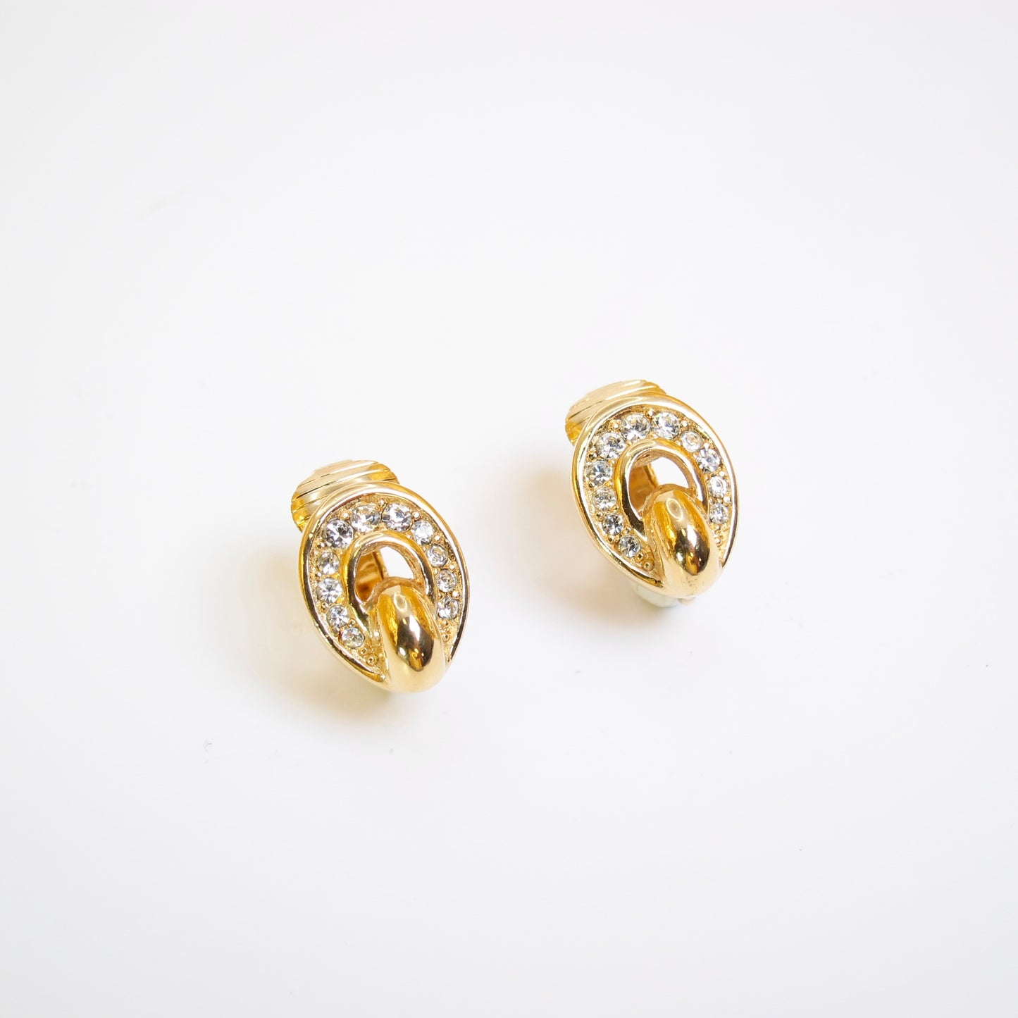 Christian Dior Vintage Oval Shape and Rhinestone Golden Clip-on Earrings