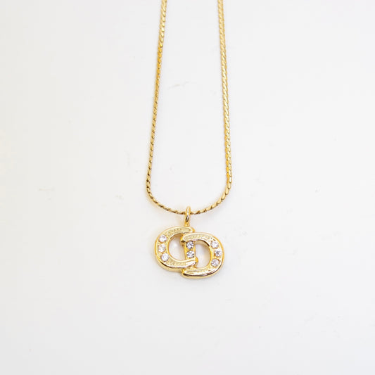 Christian Dior 復古 CD 標誌鑲水鑽金色項鍊