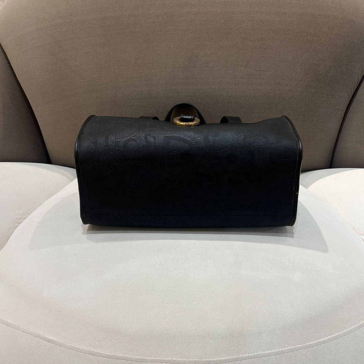 Christian Dior Vintage Black PVC Leather Gold Ring Boston Bag