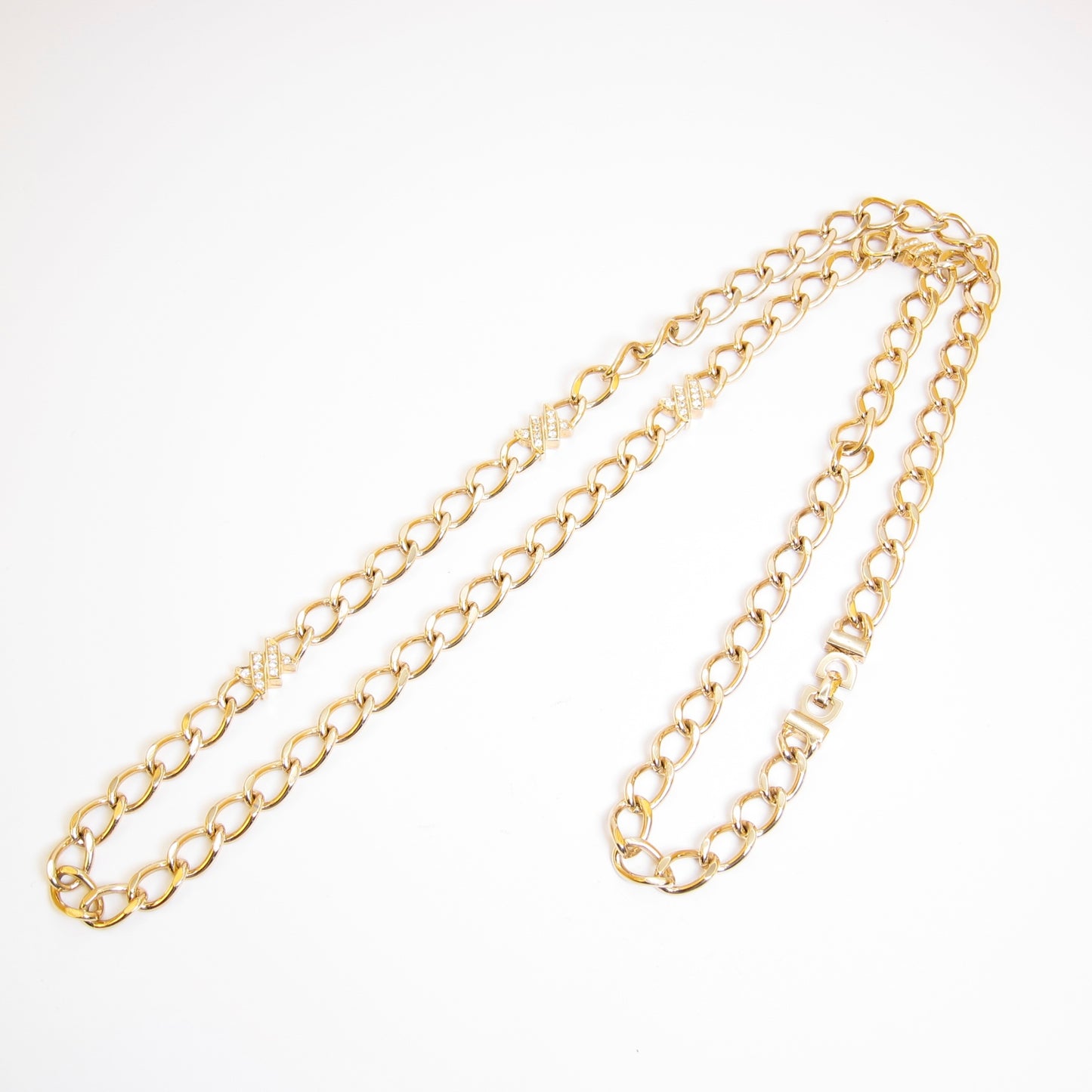 Christian Dior Vintage Stylish Chain Link and Rhinestone Golden Long Necklace