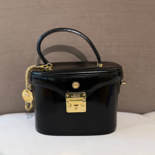 Versace Vintage Black Leather Vanity Style Medallion Top Handle Handbag