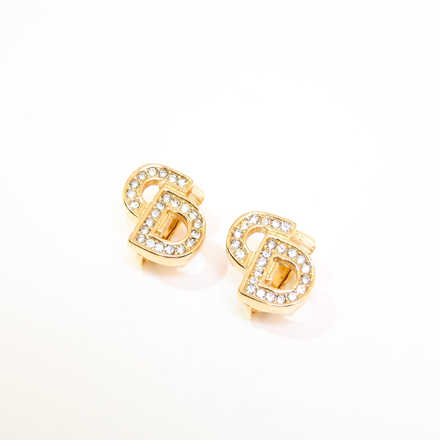 Christian Dior Vintage CD Logo with Rhinestone Golden Clip-on Earrings