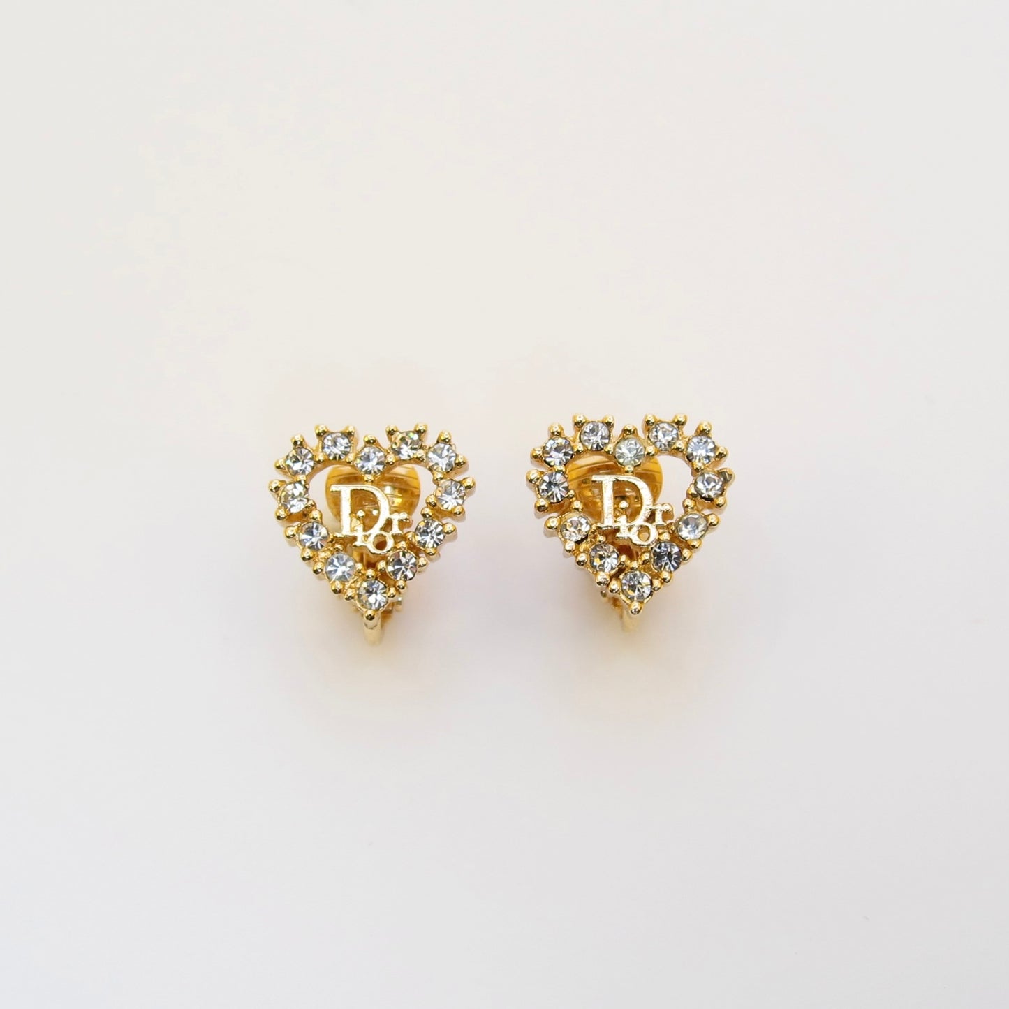Christian Dior Vintage Dior Logo in Heart with Rhinestone Golden Clip-on Earrings