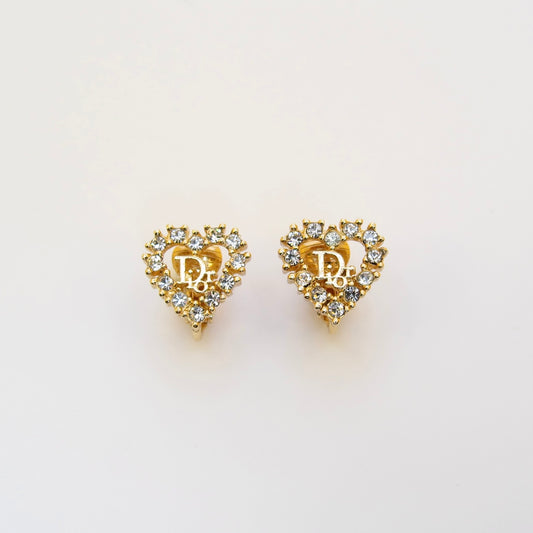 Christian Dior Vintage Dior Logo in Heart with Rhinestone Golden Clip-on Earrings