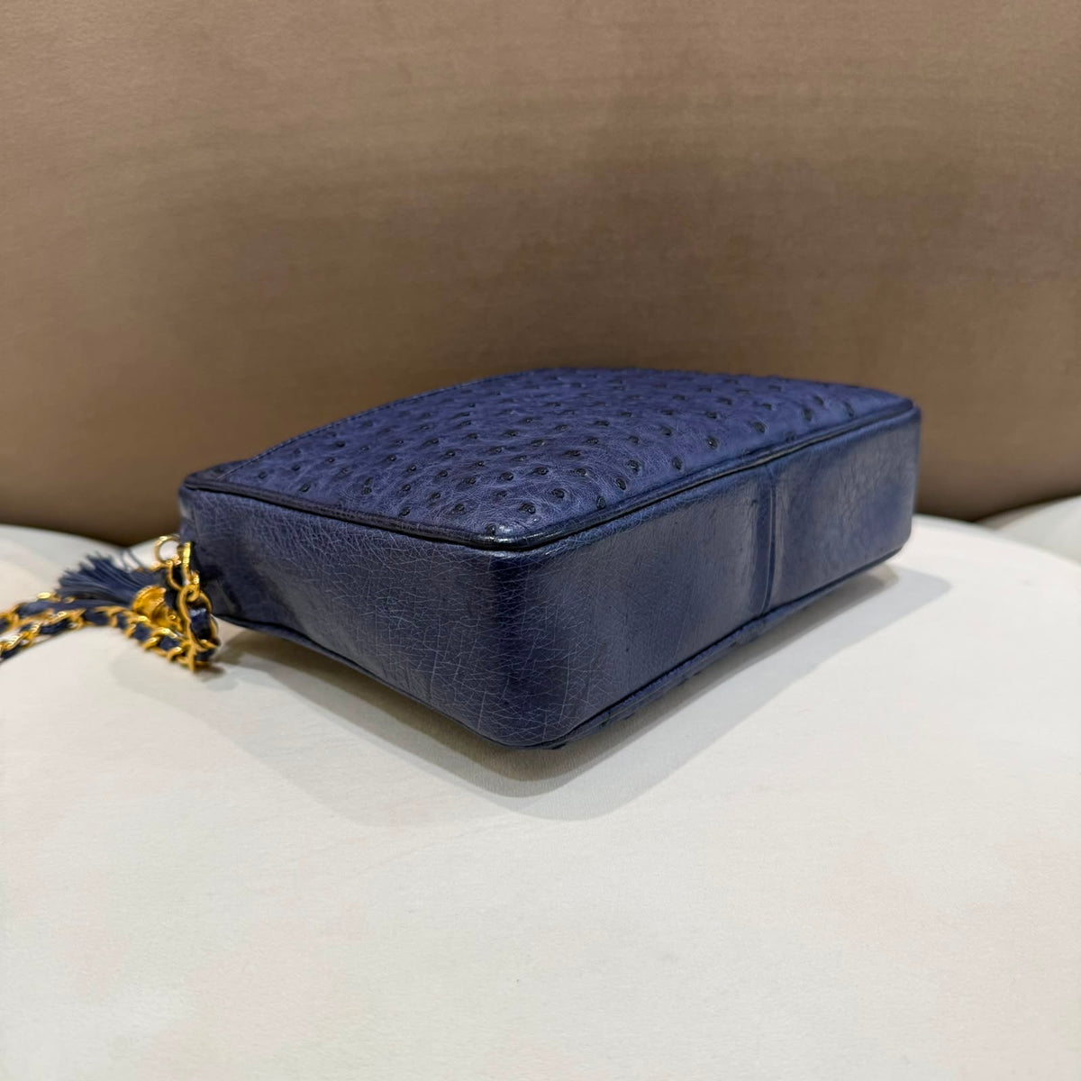 Chanel Vintage Navy Ostrich Fringe Chain Shoulder Bag