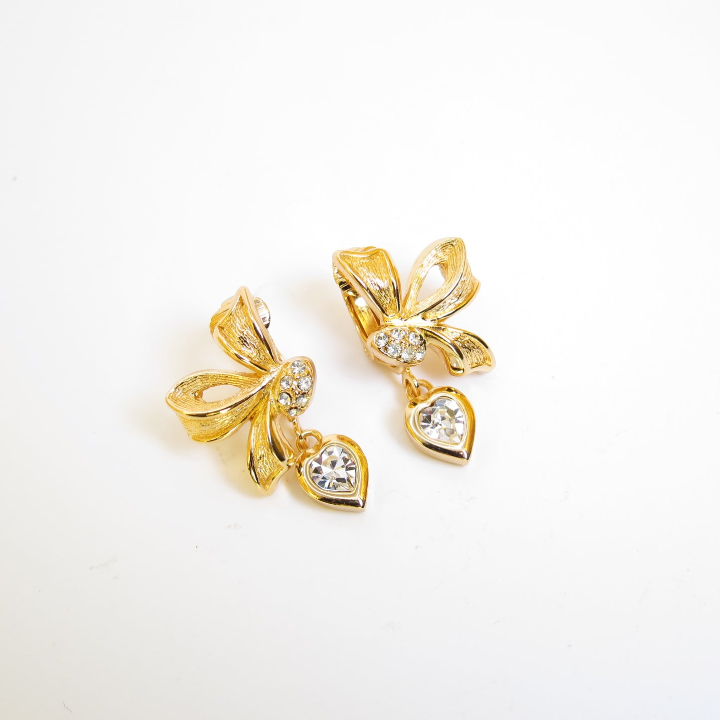 Christian Dior Vintage Ribbon Motif and Rhinestone Golden Clip-on Earrings