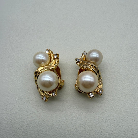 Givenchy Vintage Stylish Pearl and Rhinestone Golden Clip-on Earrings