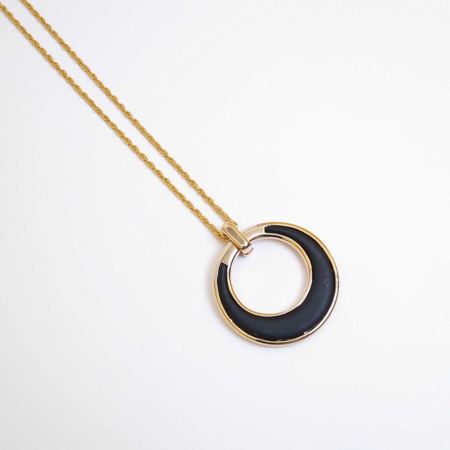Monet Vintage Black Enamel Oval Pendant Golden Necklace