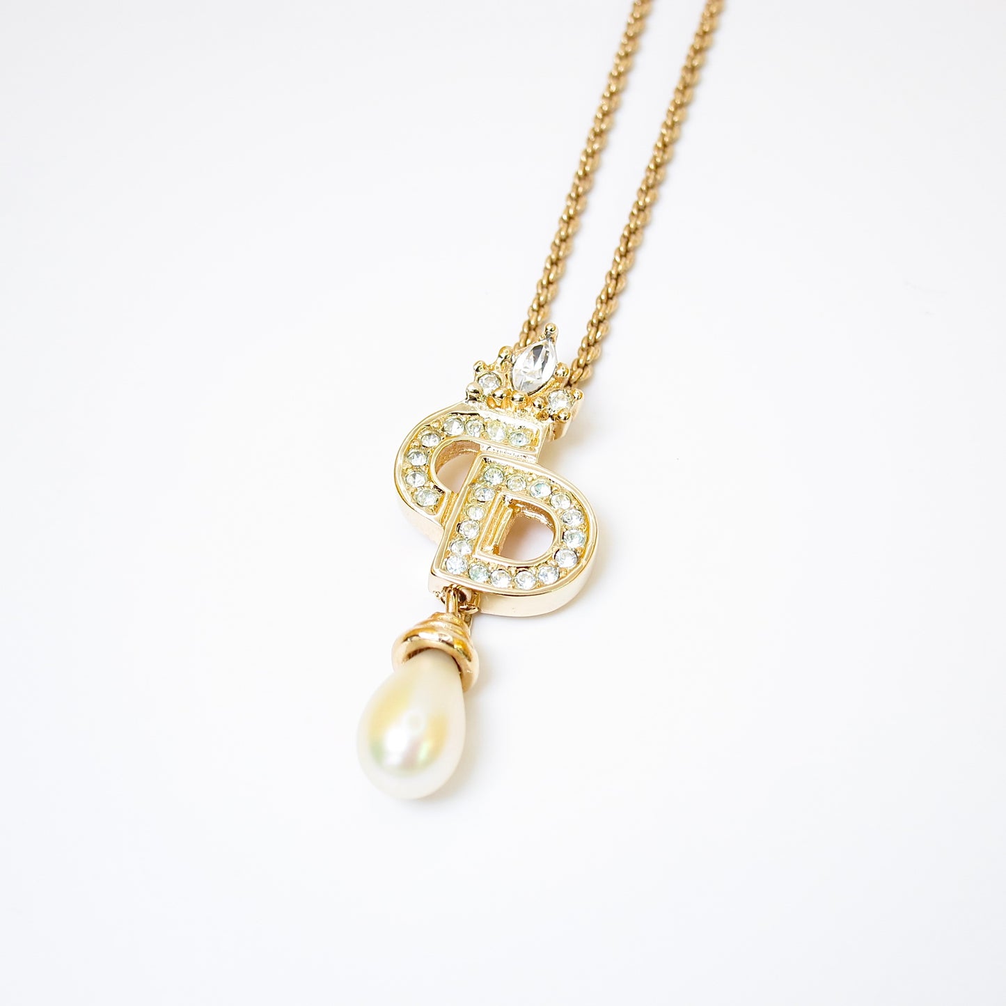 Christian Dior Vintage CD Logo with Rhinestone and Pearl Golden Necklace