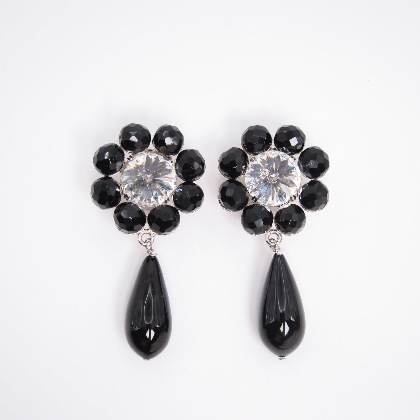 Celine Vintage Flower Motif Black Stone and Rhinestone Clip-on Earrings