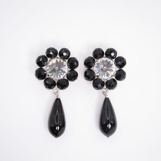 Celine Vintage Flower Motif Black Stone and Rhinestone Clip-on Earrings