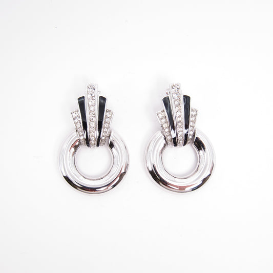 Givenchy Vintage Stylish Black and Rhinestone Silver Clip-on Earrings