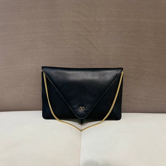 Valentino Vintage Black Leather V Shape Chain Shoulder Bag