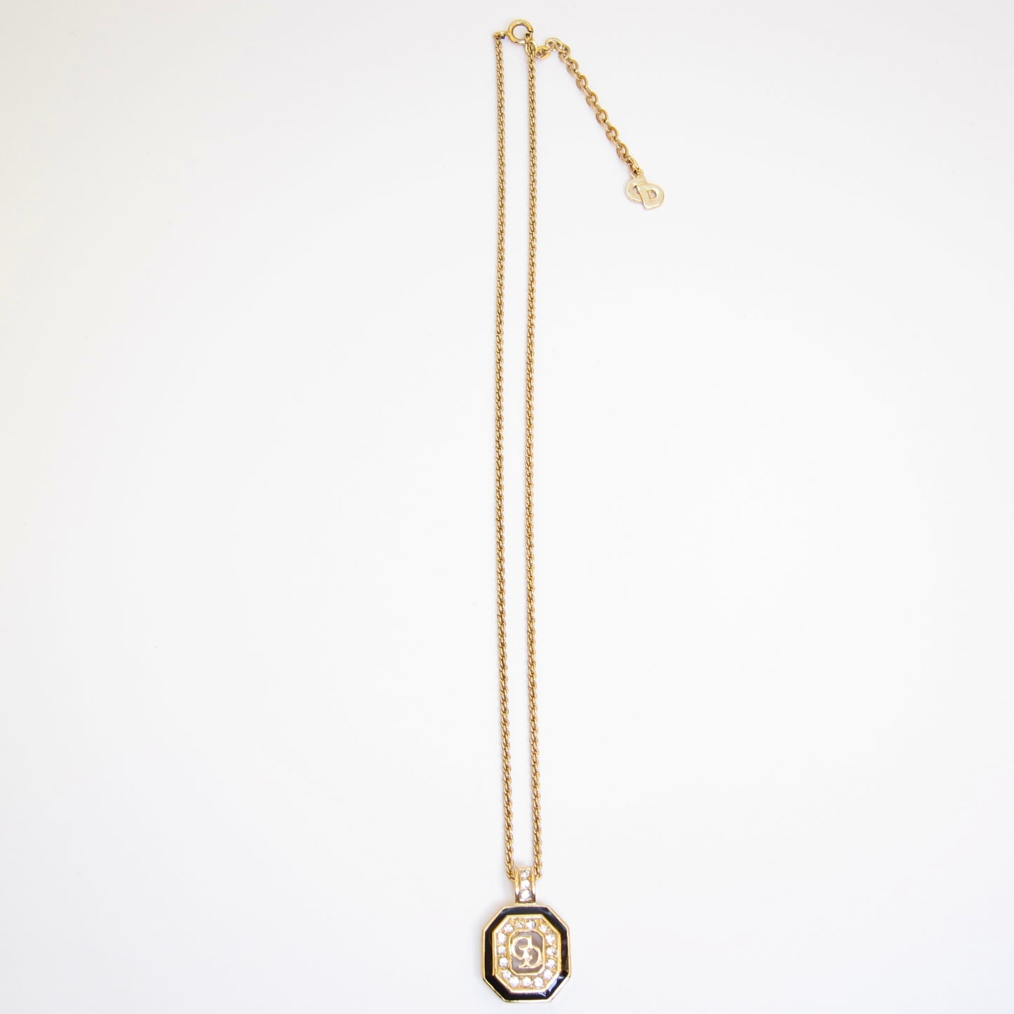 Christian Dior Vintage CD Logo in Octagon Black and Rhinestone Golden Necklace