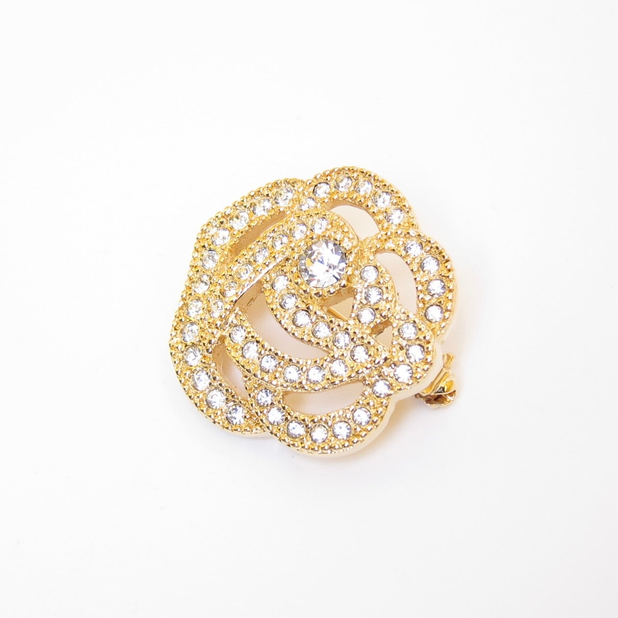 Christian Dior Vintage Flower Motif with Rhinestone Golden Brooch