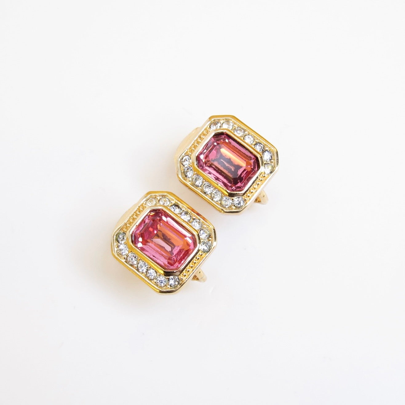 Christian Dior Vintage Octagon Pink and Rhinestone Golden Clip-on Earrings