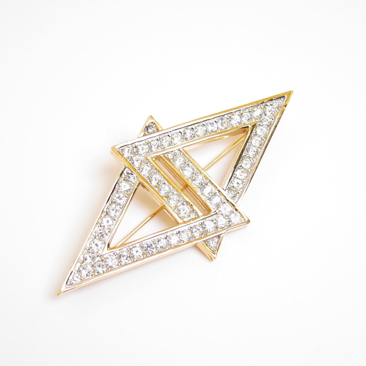 Nina Ricci Vintage Interlaced Double Triangle with Rhinestone Golden Brooch