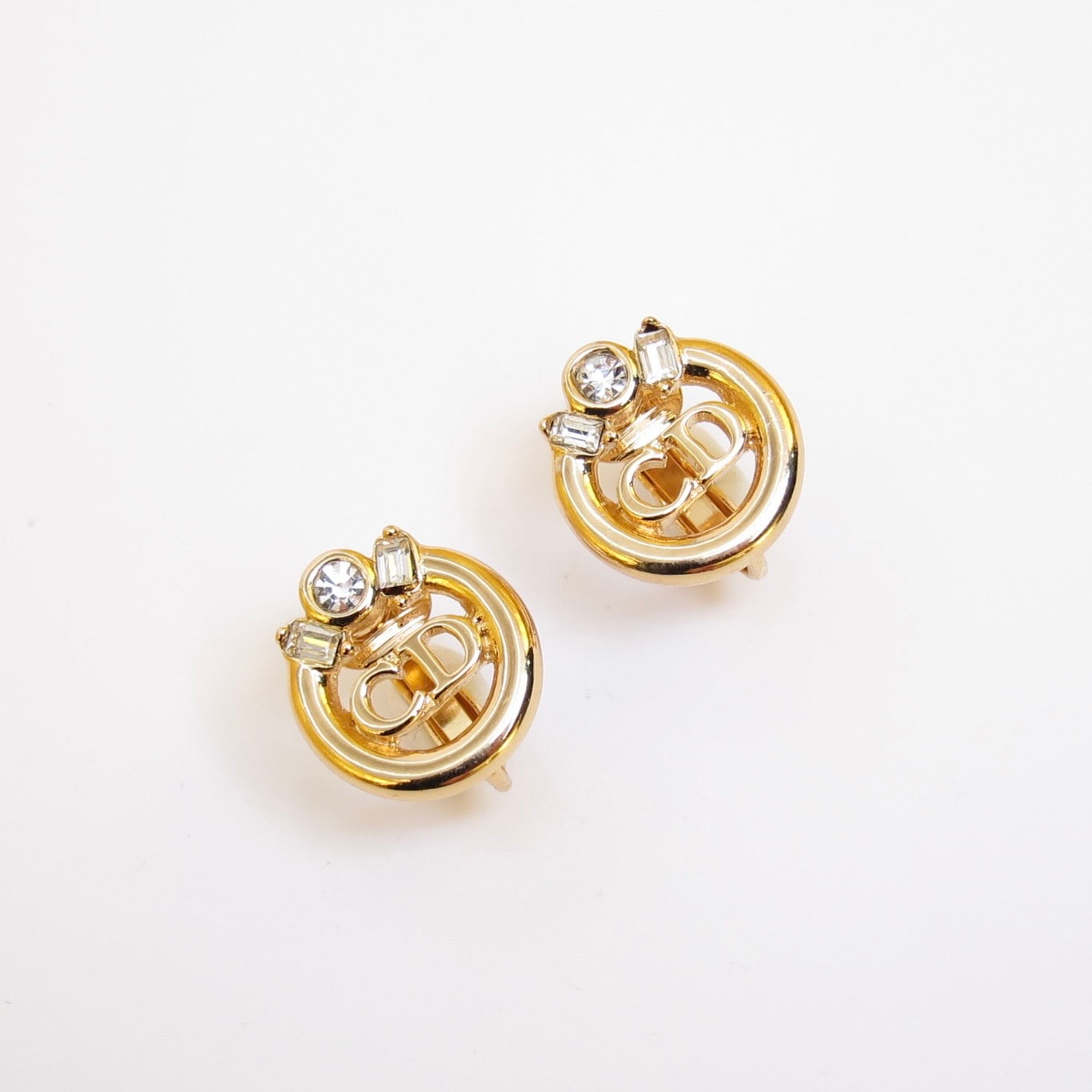 Christian Dior Vintage CD Logo in Circle with Rhinestone Golden Clip-on Earrings
