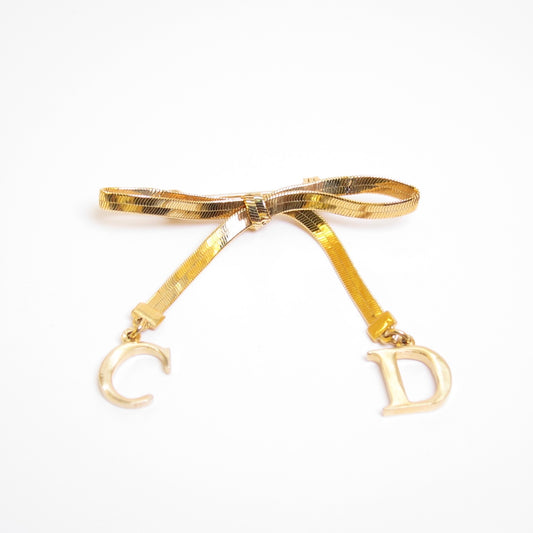Christian Dior Vintage CD Logo Ribbon Golden Brooch