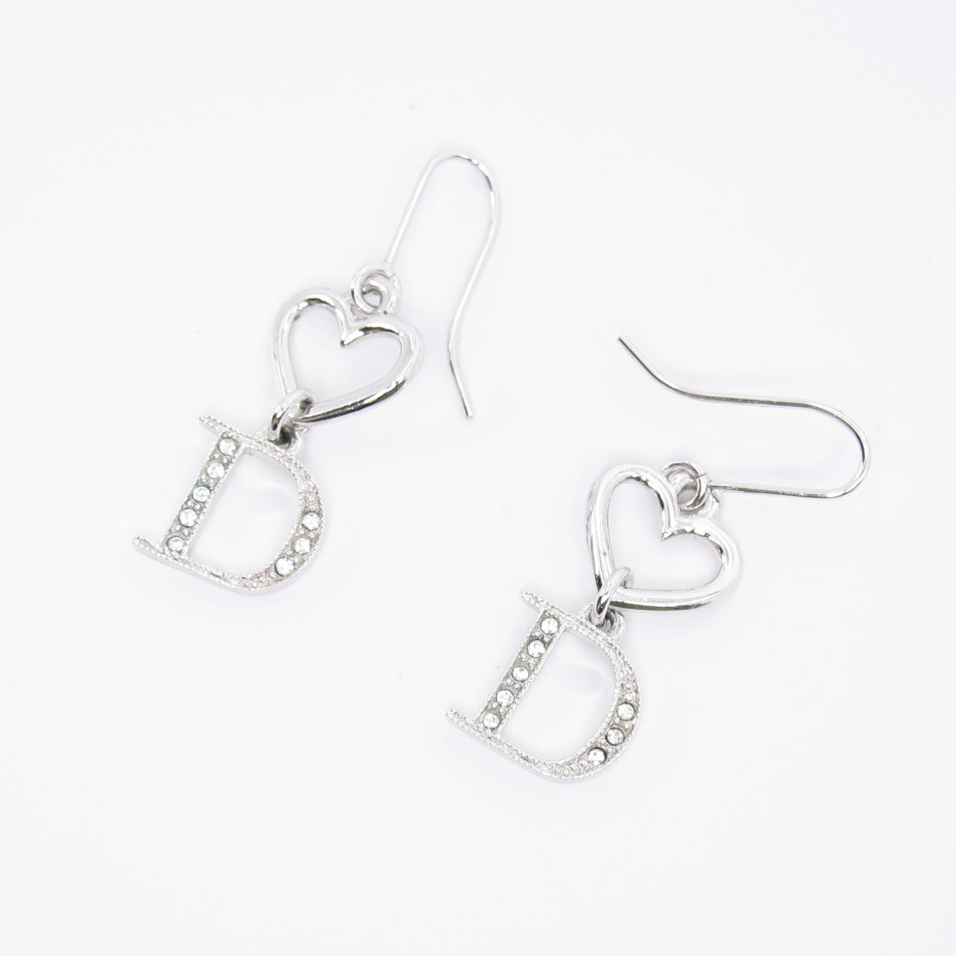 Christian Dior Vintage Heart and D Logo with Rhinestone Silver Drop Earrings