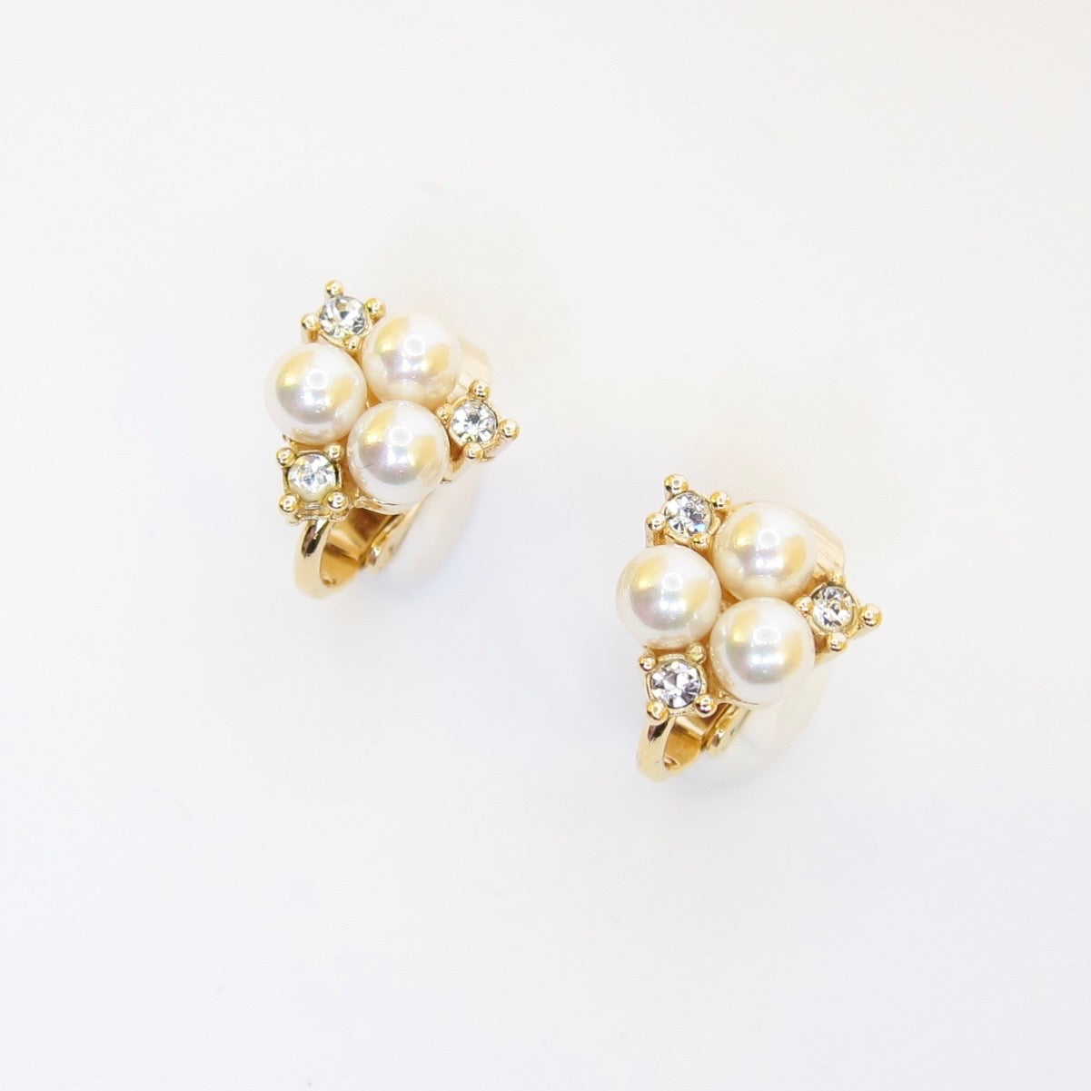 Christian Dior Vintage Pearl and Rhinestone Golden Clip-on Earrings
