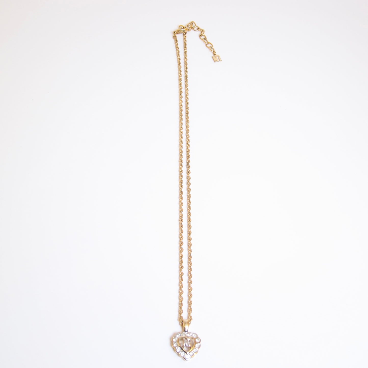Nina Ricci Vintage NR Logo in Heart with Rhinestone Golden Necklace