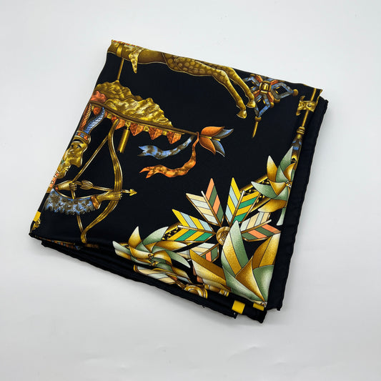 Hermes Vintage Les Girouettes Pattern Black And Gold Silk Scarf