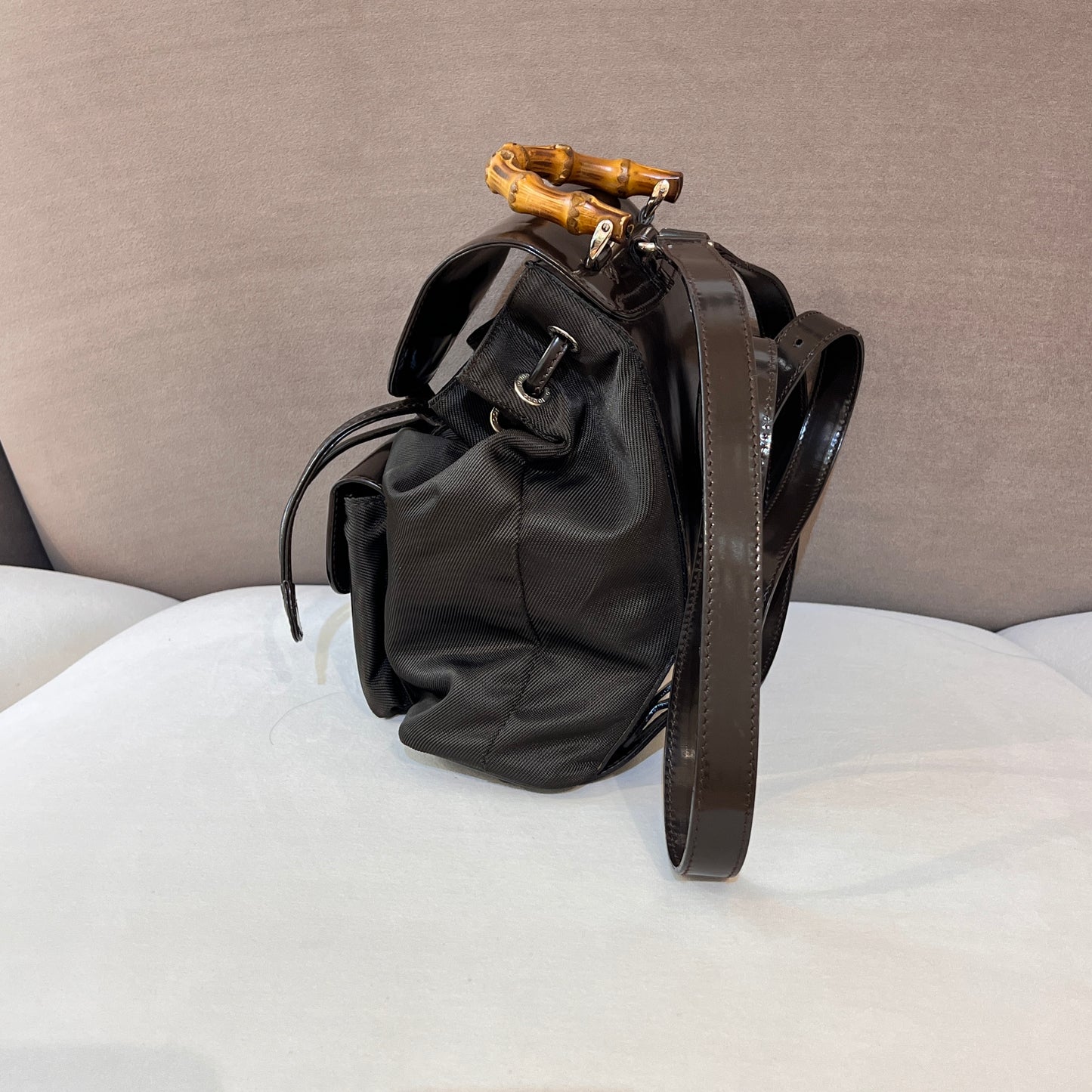 Gucci Vintage Bamboo Nylon Black Leather Trim Backpack