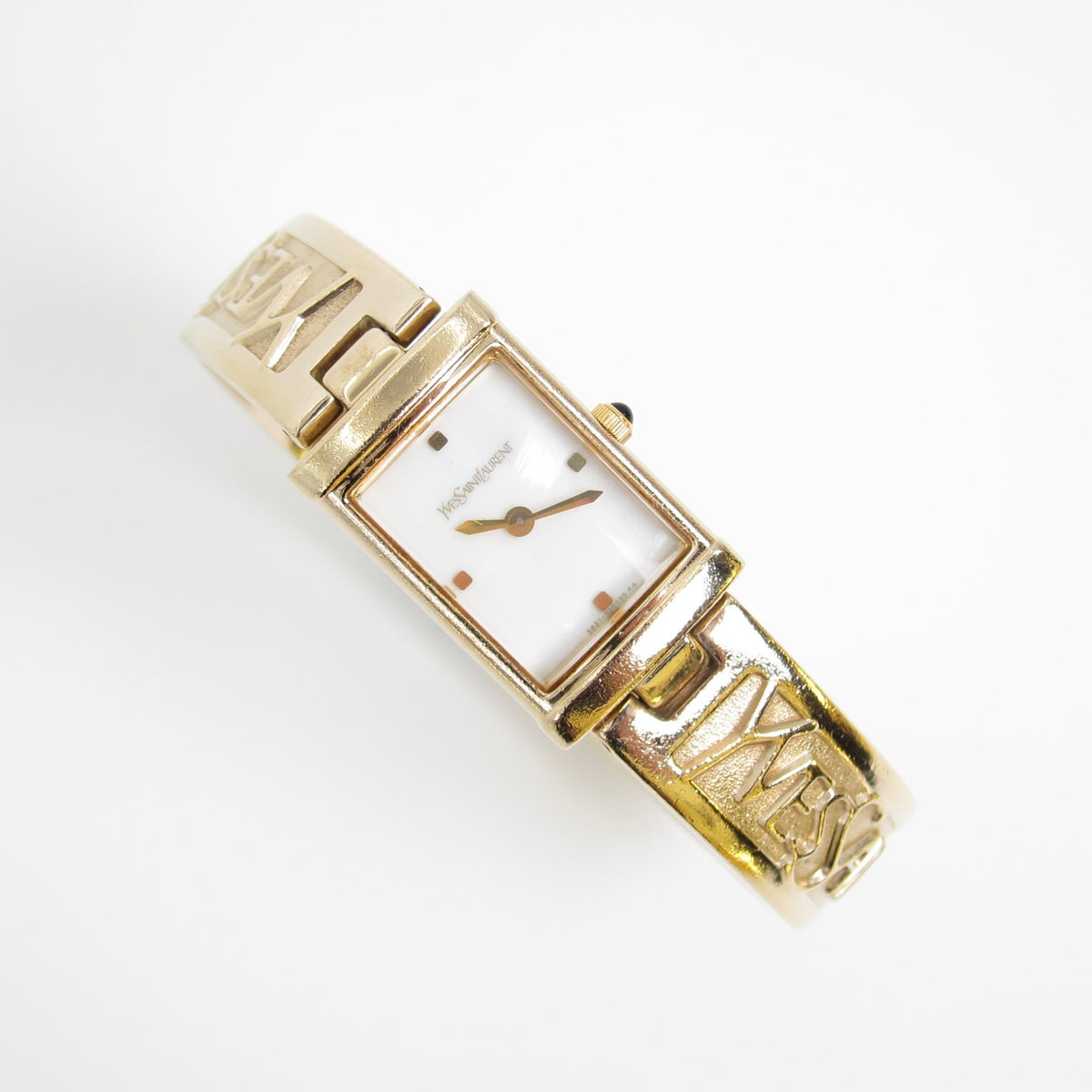 Yves Saint Laurent Vintage Rectangle Shell Pearl Face and Logo Engraved Golden Bangle Watch